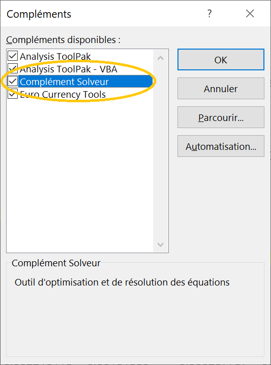 Boite de dialogue d'activation de compléments d'Excel