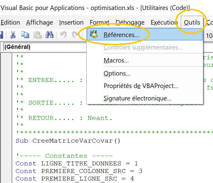 Menu 'Outils' de Visual Basic Editor