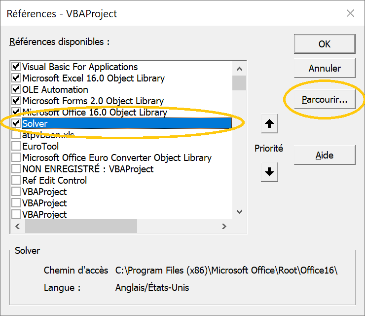 Menu 'Outils' de Visual Basic Editor