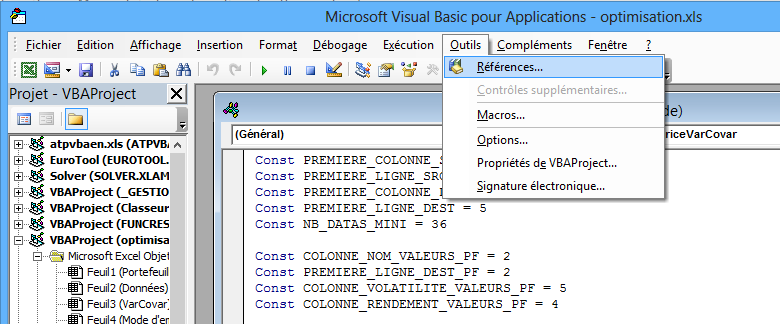 Entrée 'Références...' du menu 'Outils' de l'étditeur de macros.