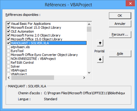 Boite de dialogue 'Références - VBAProject' contenant une ligne 'MANQUANT : SOLVER.XLA' cochée.