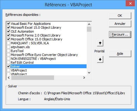 Boite de dialogue 'Références - VBAProject' avec la ligne 'MANQUANT : SOLVER.XLA' décochée et la ligne 'Solver' cochée.