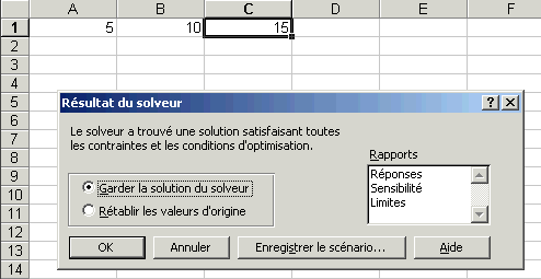 Boite de dialogue 'Résultat du solveur'